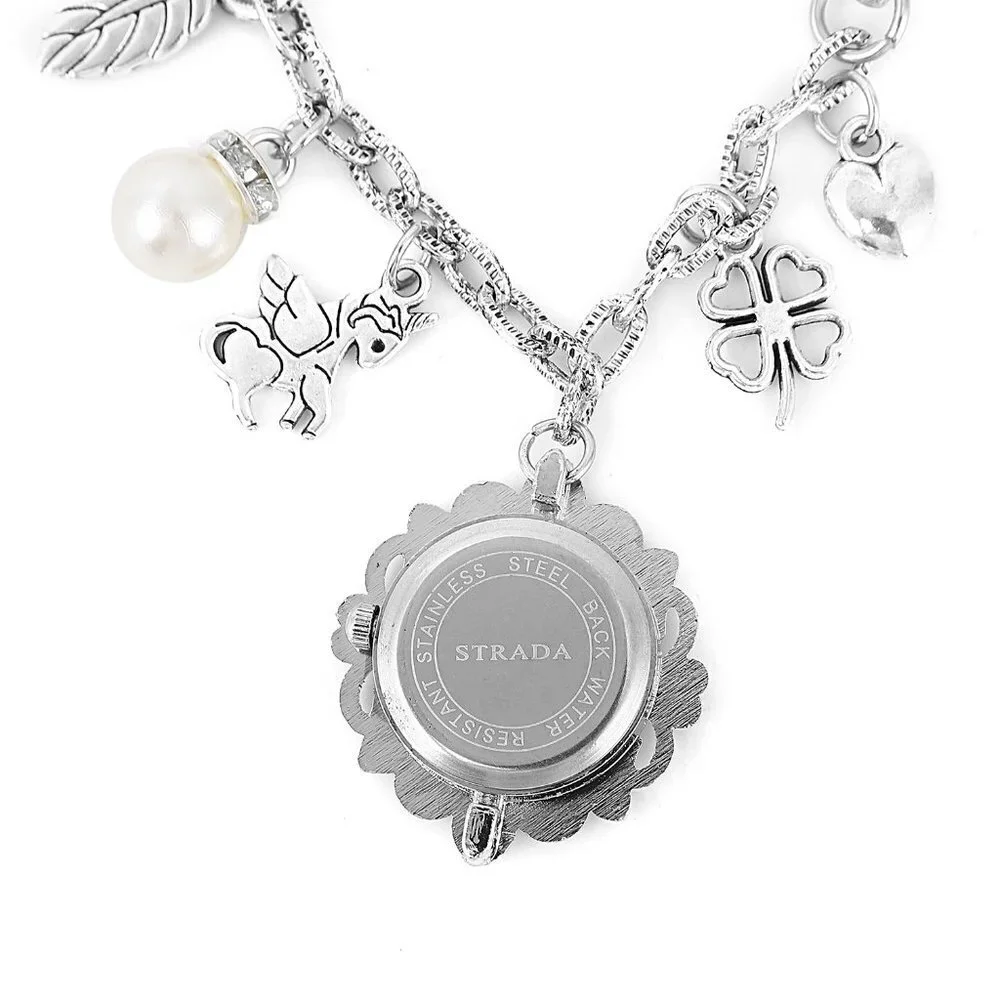 STRADA White Austrian Crystal Nature Theme Charm Bracelet Watch